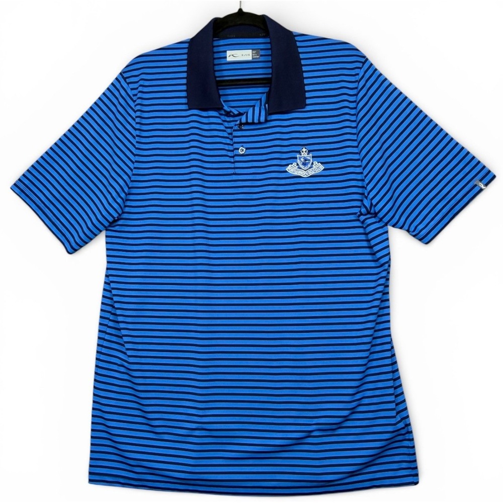 KJUS Luis Sripe Polo Mens L Blue Black Portmarnock Golf Club Shirt Short Sleeve